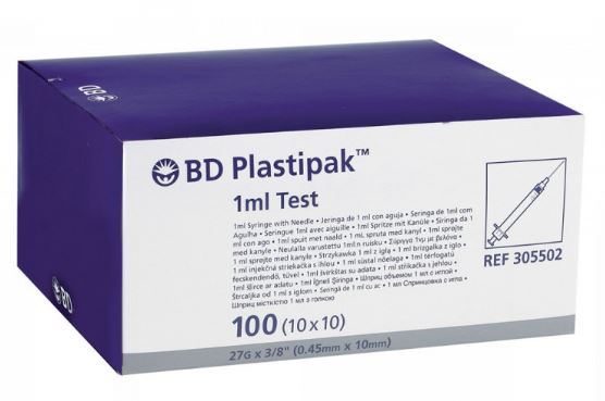BD Plastipak™ Test kleinvol., 1 ml, 0,01 ml Grad., 27 G 3/8", 0,40 x 10 mm, gr. Kappe (100 Stck)