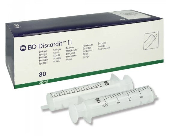 BD Discardit™ II 2-teilige Spritze, 20 ml, Luer, exzentrisch, unterteilt in 1 ml (80 Stck)
