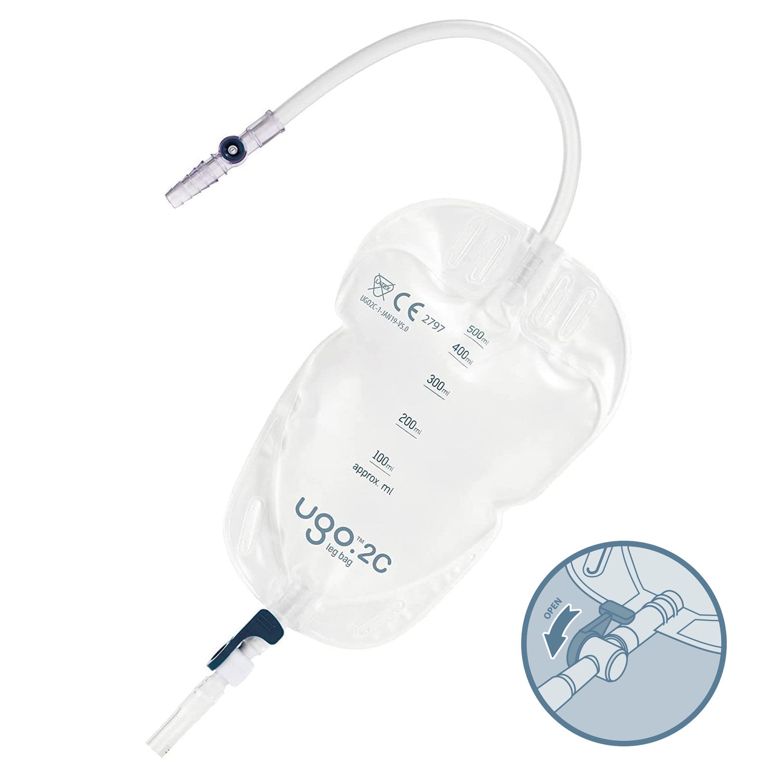 Ugo 2C, bolsa de pierna 500 ml, 25 cm, pivote (10 unidades)