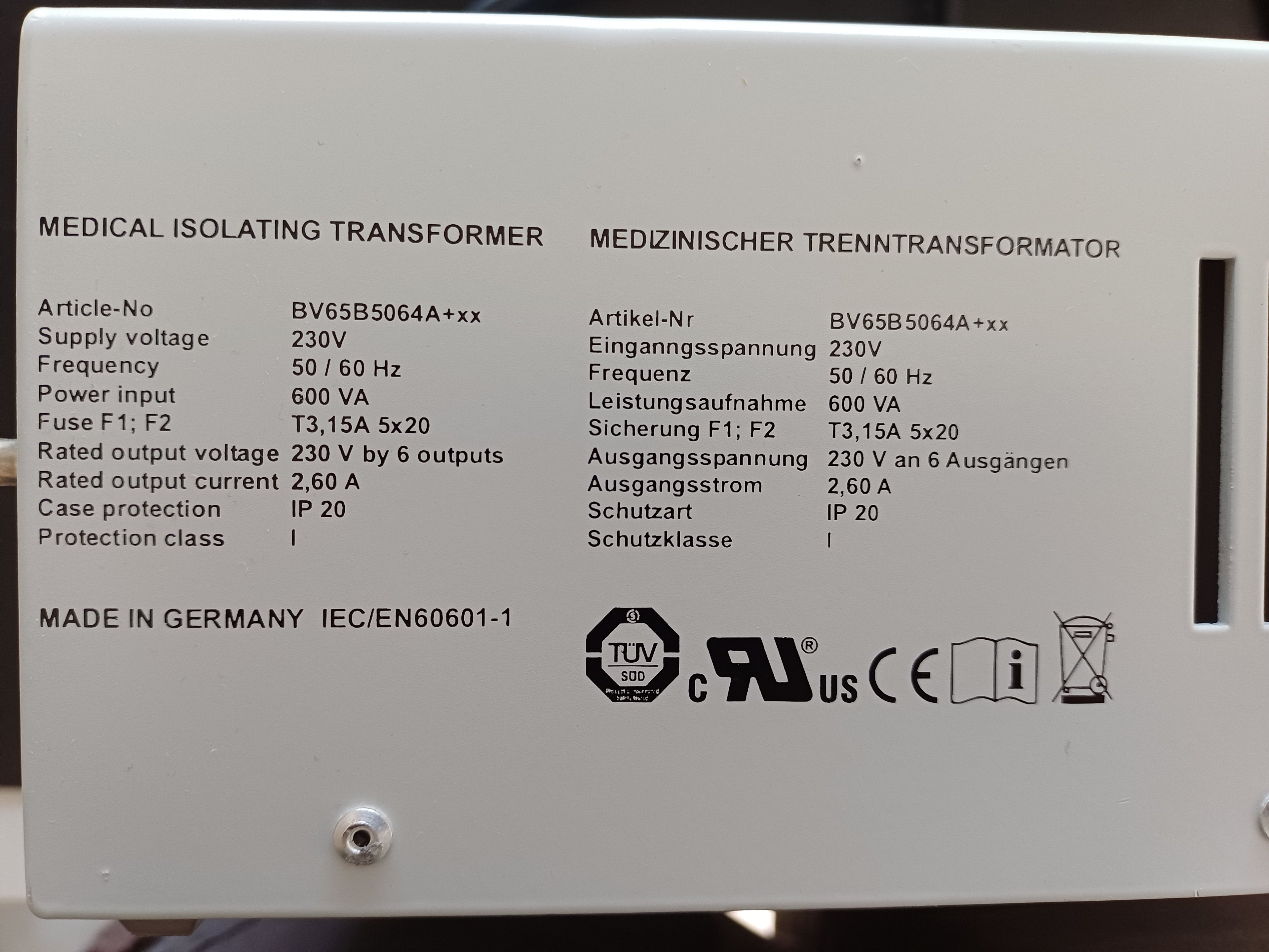 Medical isolation transformer 240V / 600VA, used, tested
